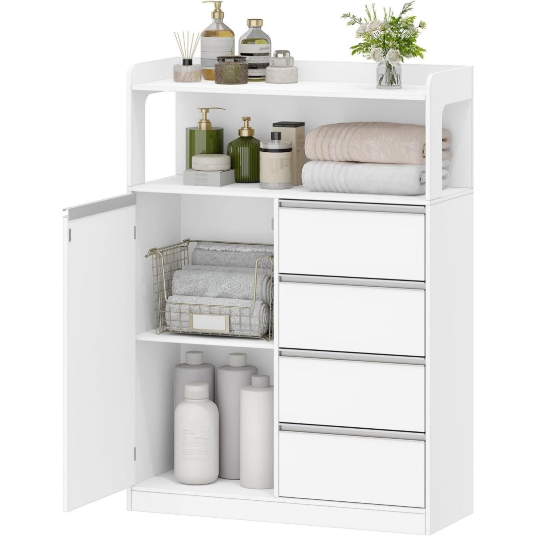 Colonne de rangement gris clair fonctionnel etageres reglables 1 porte et 4 tiroirs