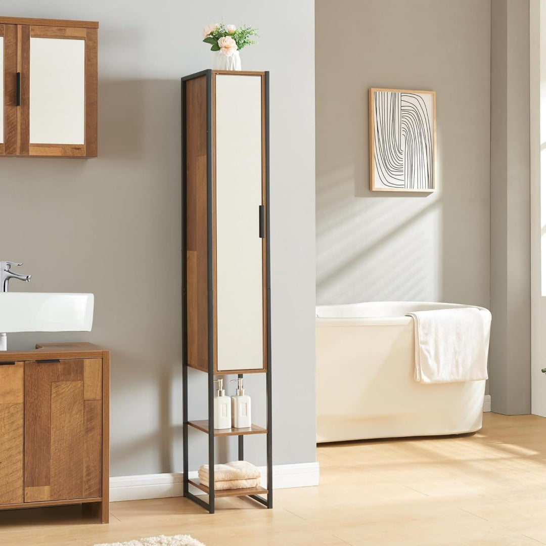 Colonne haute gris clair 2 etageres, esprit fermier bois ingenierie pour salon
