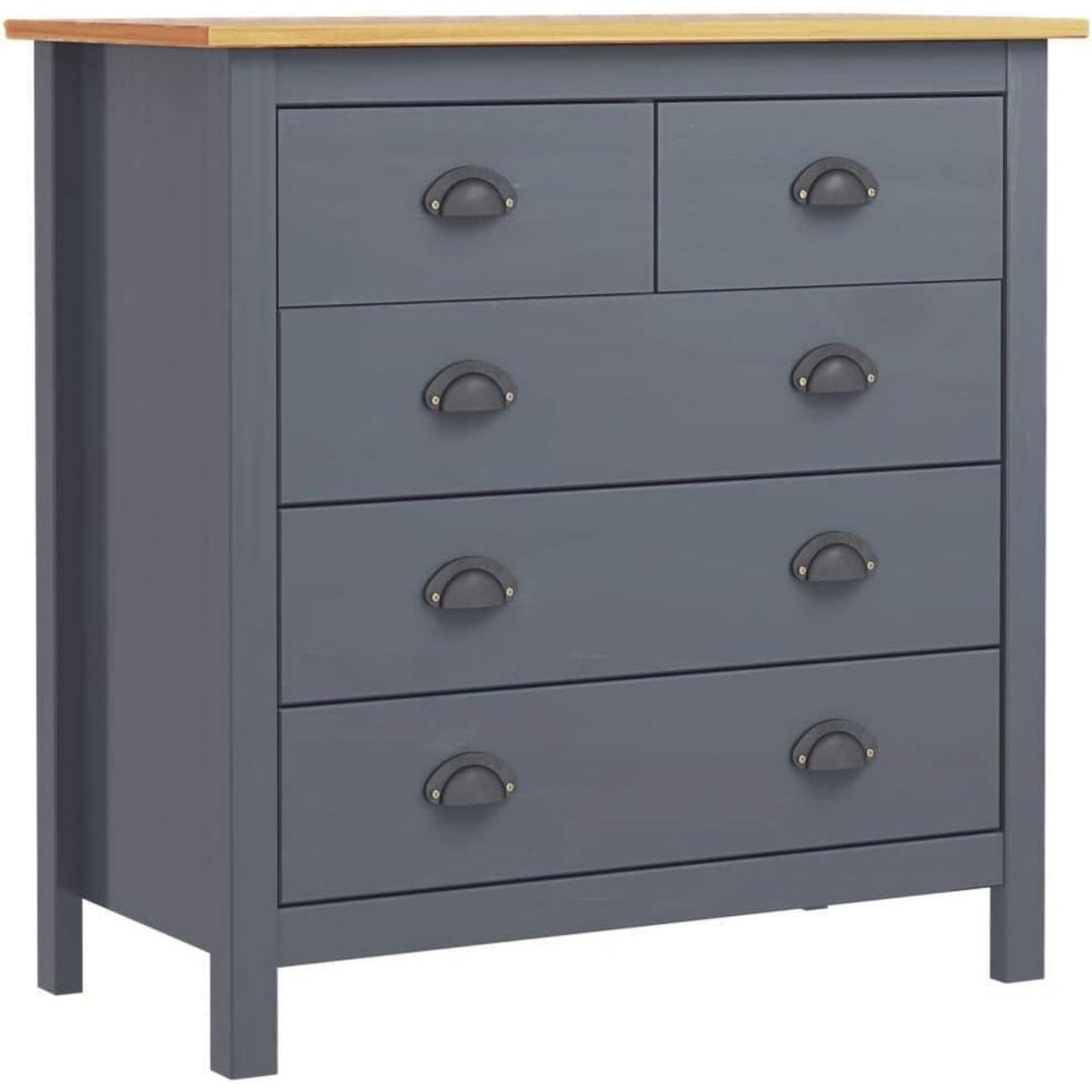 Buffet 5 tiroirs gris fonce en bois massif pour le salon