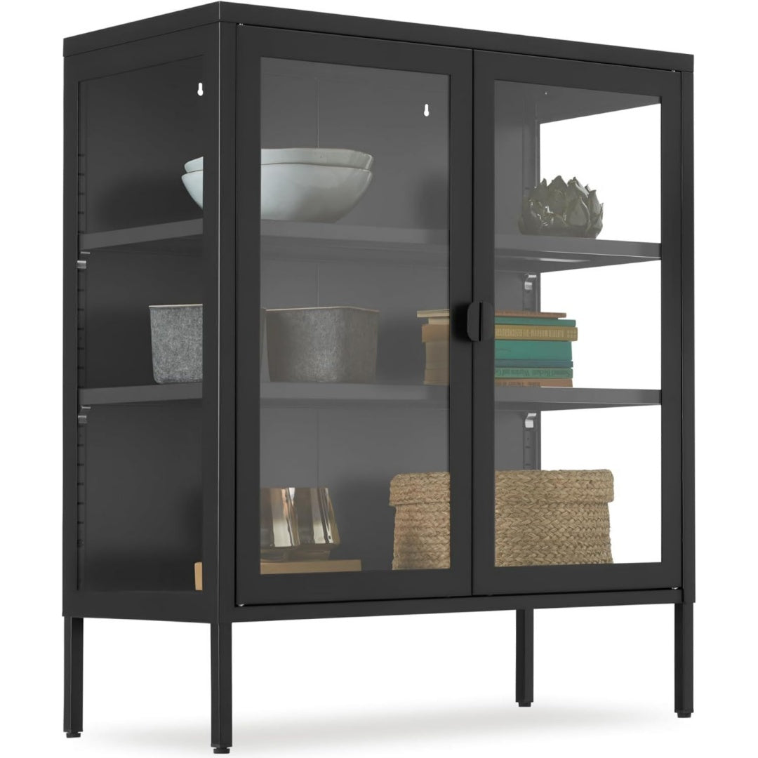 Vitrine d'exposition gris fonce acier 80 cm, rangement style industriel