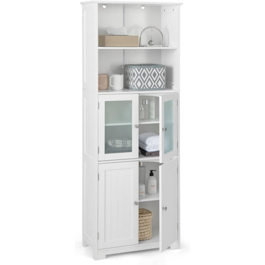 Meuble sur pied en verre trempe, gris clair, contemporain et rangement pratique