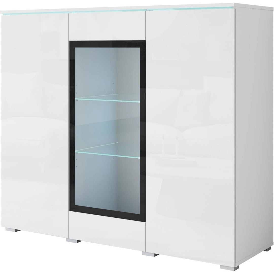 Buffet gris clair verre 120 cm, rangement style contemporain